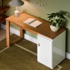 Mesa Escrivaninha Home Office Paris Para PC Computador Com 1 Porta E Puxador De Couro Para Escritório E Estudos Cor Branco Nature - Imagem 3