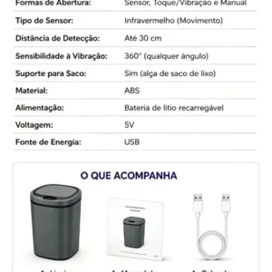 Lixeira Inteligente Sensor Automático 16l Cor cinza Recarregável Smart Banheiro E Cozinha Moderna - Imagem 7