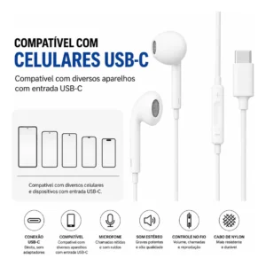 Fones De Ouvido Usb-c Tipo C Com Microfone Integrado Som Estéreo Alta Qualidade Controle De Chamadas Compatível Com iPhone 15 16 17 Android Samsung Xiaomi Motorola Conexão Direta Premium Eletric Teck - Imagem 6
