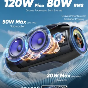 Caixa de Som Basike 80W Bluetooth Portátil com RGB e Bateria 10h - Imagem 2
