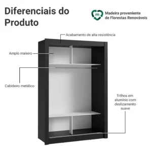 Guarda Roupa Denver Madesa Solteiro Armário Quarto 2 Port Correr Espelho P Cor Preto 10948N1E - Imagem 5