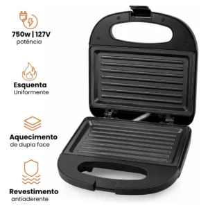 Sanduicheira Elétrica Preta 127v Compacta Para Lanches - Imagem 3
