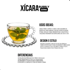 Jogo De Xícaras E Pires Em Vidro 12 Peças Chá Bolinha Pearl - Imagem 4