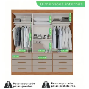 Guarda Roupa Casal 3 Portas 9 Gavetas Luana Sallêto Móveis - Imagem 3