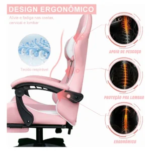 Cadeira Gamer Python Fly Rosa/Branco Reclinável 150kg Apoio de Pés - Imagem 6