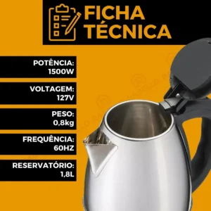 Chaleira Elétrica Rabello Home Shop Inox 1,8 Litros, Com Desligamento Automático e LED Indicador - Imagem 5