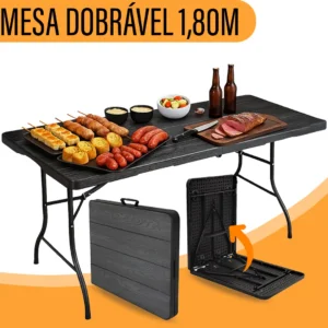 Yab - Mesa Dobrável 1,80 M Vira Maleta C/ Alça Resistente Camping Praia Premium Área Externa/interna 180cm Portátil - Cor Preto Amadeirado - Imagem 1