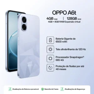 Smartphone OPPO A6t 128gb, 12gb Ram (4gb + 8gb Virtual Ram), Bateria Gigante de 6500mAh, Processador Snapdragon, Tela 120Hz, AI Câmera, IP64 - Azul Cristal - Imagem 3