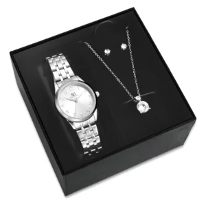 Kit Relógio Colar E Brincos Ponto De Luz Feminino Luxo Silver Saint Germain Presente Original Joias Prata Elegante Clássico 28mm - Imagem 1
