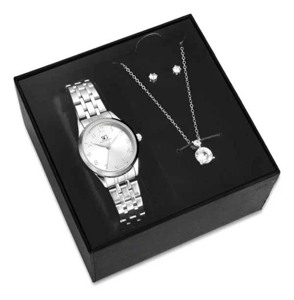 Kit Relógio Colar E Brincos Ponto De Luz Feminino Luxo Silver Saint Germain Presente Original Joias Prata Elegante Clássico 28mm