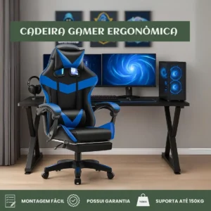 Cadeira De Escritório Gamer Nitro Ergonômica Estofado Couro Sintético Reclinável Altura Ajustável Apoio Para Pés Cor Azul Luvinco - Imagem 5
