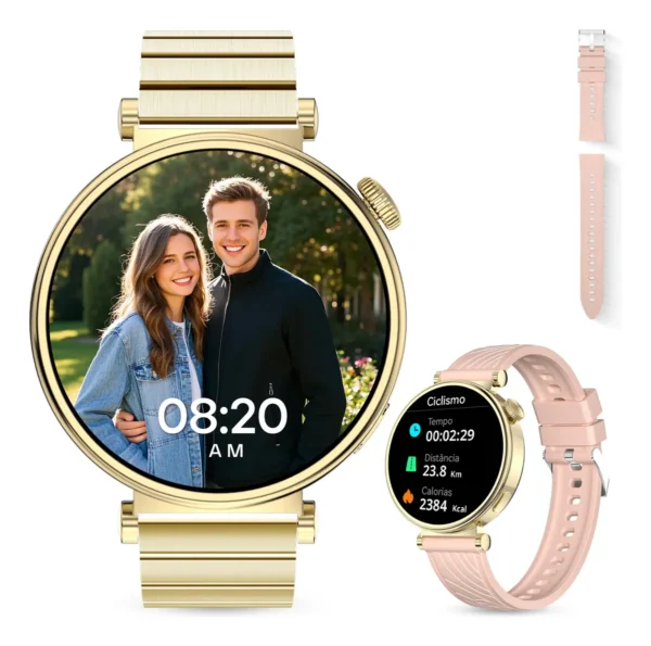 Smartwatch Feminino Aurafit Am23 Tela Amoled 1.32 Ouro Rosa
