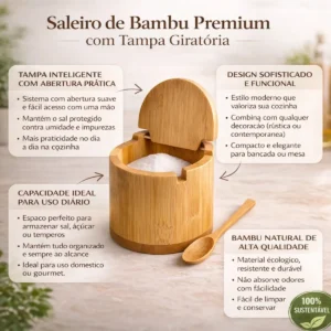 Saleiro De Bambu Com Tampa Com Colher Compacto Elegante Cozinha Marca Kururuá - Imagem 3