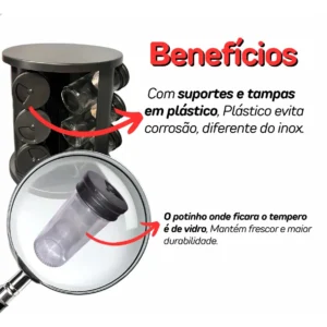 Porta Temperos Condimentos Giratório Kit 12 Potes De Vidro Com Tampa Dosadora 3 Regulagens Preto Quadrado Bravli - Imagem 7