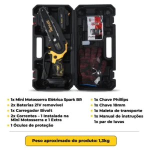 Kit Mini Serra 6 Polegadas Motosserra Eletrica Spark Br Portatil 2 Baterias Recarregável 21v Trava Segurança Acessórios Maleta Corrente Extra Bivolt - Imagem 7