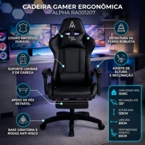 Cadeira Gamer Ergonômica Alpha Rija de Couro Sintético Preta - Imagem 3