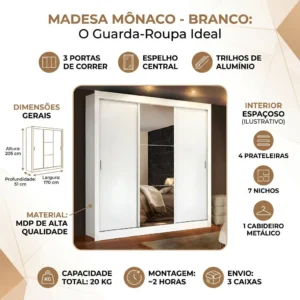Guarda Roupa Casal Madesa Mônaco 3 Portas Correr Espelho Cor Branco 1093D81E - Imagem 3