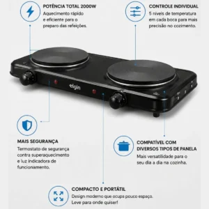 Fogão Cooktop Elétrico Elgin 2 Bocas 2000w Preto - Imagem 3