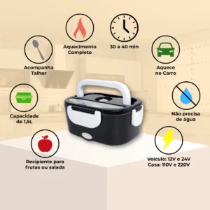 Marmita Elétrica Térmica Preta Bivolt 110v/220v E Veicular 12v/24v + Bolsa Térmica Lancheira Doméstica Trabalho 1.5l Carro/casa Portátil Aquecedor De Alimentos Uber Carro Caminhão - Imagem 3