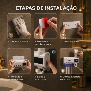 Dispenser Pasta De Dente Com Porta Escova Suporte De Parede Para 4 Escovas Branco Esterilizador Uv Ligeiro - Imagem 5