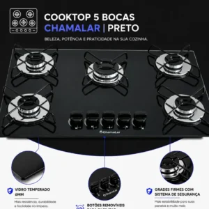 Fogão Cooktop Gás 5 Bocas Ultra Chama 127v/220v Preto - Imagem 4