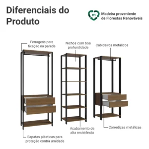 Guarda-roupa Closet Modulado Valencia 199cm Madesa Rp 02 Cor Rustic/Preto MDDR0300027K - Imagem 5