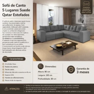 Sofa De Canto 5 Lugares Suede Qatar Estofados - Cinza - Imagem 3