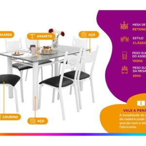 Mesa de Jantar 6 Cadeiras Retangular Aço Tampo Granito Poeme Ciplafe - Imagem 2
