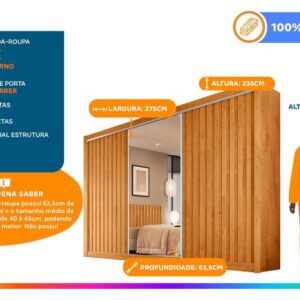 Guarda-roupa Casal com Espelho 3 Portas de Correr 6 Gavetas Móveis Europa Ripado York - Imagem 2