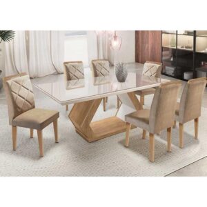 Mesa Alvorada 180 Tp Mdf Vidro canto Reto 6 Cadeiras Rufato - Imagem 1