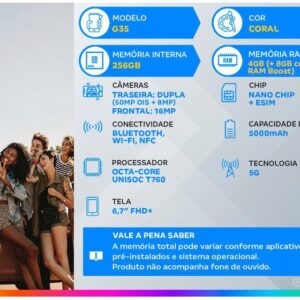 Smartphone Motorola Moto G35 256GB Coral 5G 4GB RAM+8GB Ram Boost 5G 6,7" Câm. Dupla + Selfie 16MP - Imagem 2