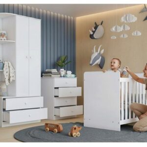 Quarto de Bebê Completo com Guarda-roupa Berço e Cômoda Henn Labirinto Branco - Imagem 2