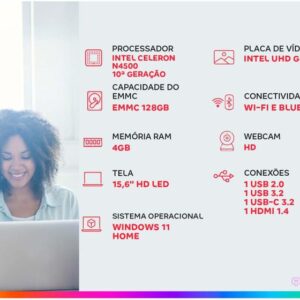 Notebook ASUS Vivobook Go 15 Intel Celeron 4GB RAM 128GB eMMC 15,6" UHD Rosa Windows 11+ Microsoft 365 Personal Office E510KA-BR833WS - Imagem 3