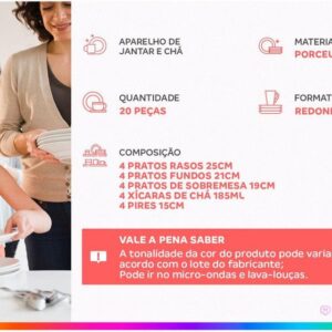 Aparelho de Jantar e Chá 20 Peças Tramontina de Porcelana Branco Redondo Silvia - Imagem 2