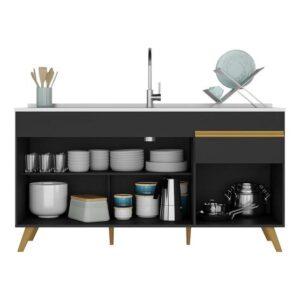 Balcão Cozinha Gabinete Pia 150 cm 3 Portas 1 Gaveta Veneza GB Multimóveis MP2072 Preto - Imagem 3
