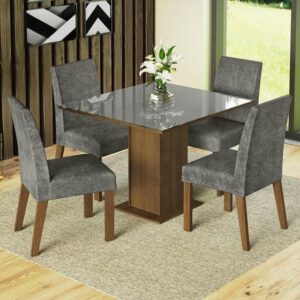 Conjunto Sala de Jantar Mesa Tampo de Vidro 4 Cadeiras Rustic/Cinza/Silver Anne Madesa - Imagem 1