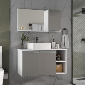 Conjunto de Gabinete Banheiro 80cm com Cuba e Espelheira - - MOVEIS JOIA - Imagem 1
