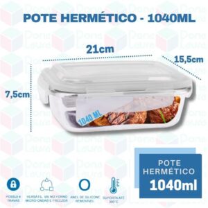 Conjunto 2 Potes Vidro Hermético Marmita Com 4 Travas 1040ml - PRATICASA - Imagem 4