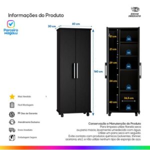 Armário Lavanderia 2 Portas com Espaço para Vassouras Multiuso com Rodinhas Móveis Bonatto - Imagem 5