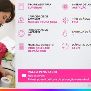 Lavadora de Roupas Brastemp 15kg Cesto Inox 12 Programas de Lavagem Branca BWF15AB - Imagem 2