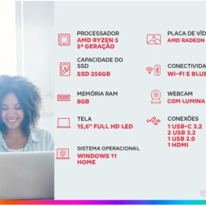 Notebook Positivo Vision R15 R58256 A-15 AMD Ryzen 5 8GB RAM SSD 256GB 15,6" Full HD Windows 11 3002880 - Imagem 2