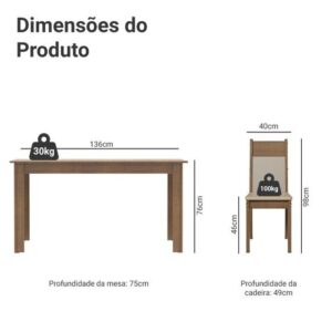 Conjunto Sala de Jantar Mesa Tampo de Madeira 6 Cadeiras Rustic/Crema/Bege Jaíne Madesa - Imagem 3