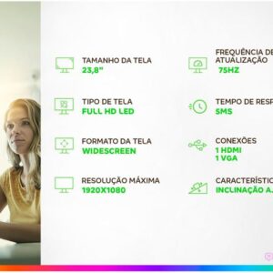 Monitor 24" LED, Widescreen, 75Hz, 2ms, FullHD+ 1920x1080, HDMI, VGA, VESA, Ajuste de inclinação - M24HQ - Imagem 2