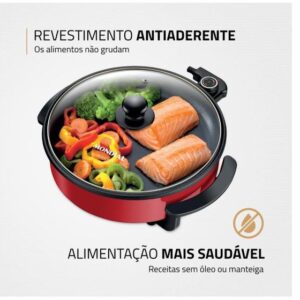 Panela Elétrica Multifuncional Grill Redonda Mondial Multicook Red PE-28 1200W 3L - Imagem 4