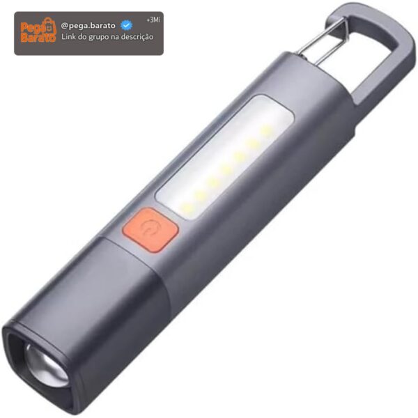 Lanterna LED Recarregável USB para Pesca Trilha Camping Caminhada | Portátil, Compacta, Com Led Duplo, Gancho para Pendurar, Iluminação Potente