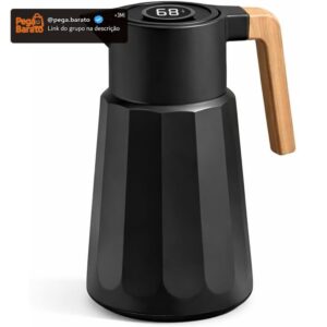 Garrafa Térmica com Visor de Temperatura Digital 1L, Cafeteira Italiana Térmica, Mantém Café Quente por Até 12 Horas, Alça de Madeira (Preto) - Imagem 1