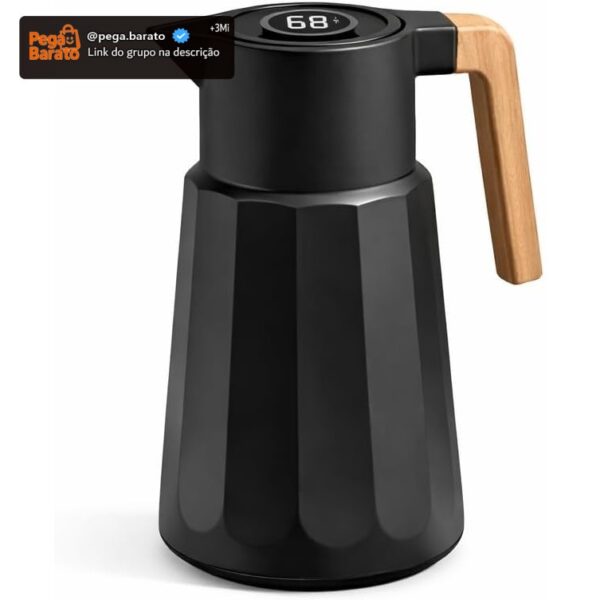 Garrafa Térmica com Visor de Temperatura Digital 1L, Cafeteira Italiana Térmica, Mantém Café Quente por Até 12 Horas, Alça de Madeira (Preto)