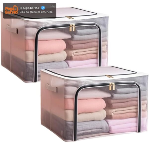 Kit 2 Caixas Organizadora Dobrável 24L em PVC Transparente com Zíper Duplo – Abertura Frontal e Superior – Para Armários e Guarda-Roupas (24 Litros)