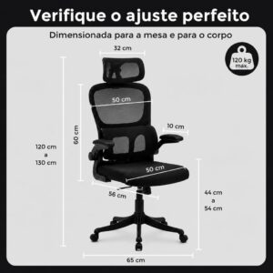 Cadeira de Escritório Presidente Ergonômica Preta Encosto Mesh Reclinável 135 Graus Cadeira Giratória com Apoio de Cabeça Braços Ajustáveis Suporte Lombar Alta Densidade Confortável - Imagem 3