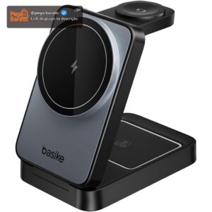 Basike Carregador Sem Fio 3 em 1 Magnético Dobrável Portátil Luz Noturna | Estação de Carregamento 2025, Compatível com MagSafe, iPhone 16/15/14/13/12, Apple Watch e AirPod (Preto) - Imagem 1